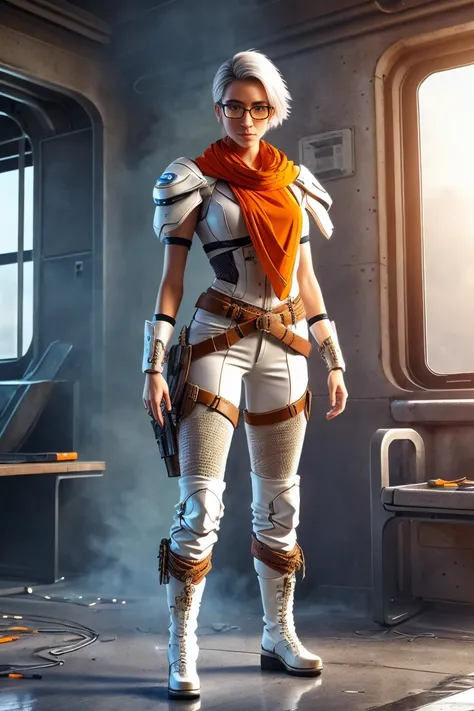 Futuristic character, full body, slim figure, short hair, white hair, standing in post-apocalypse in year 2050, shawl wrapped around waist, elbow wrapped in rope to lower left arm, life and orange in pattern, apocalyptic gun, accessory in hand and in colla...