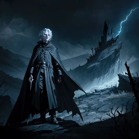 Clad in a tattered black cloak with a glowing, cracked lightning scar on his forehead, Harry stands on a cliffside, wand raised, with ghostly Dementors swirling around him in a foggy, moonlit night.