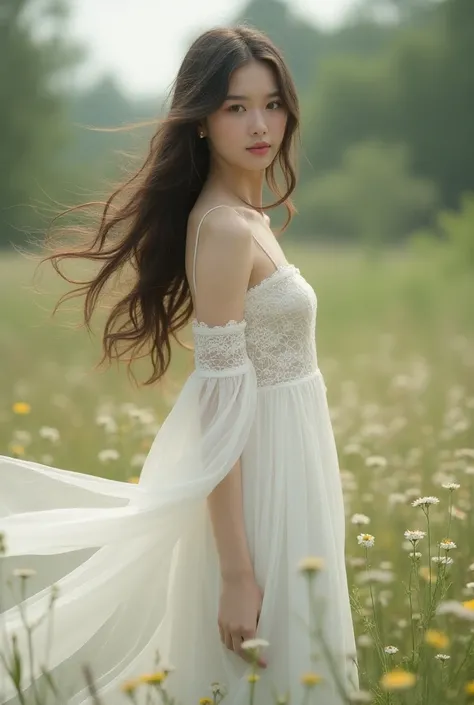 A women with long hair wearing white dress