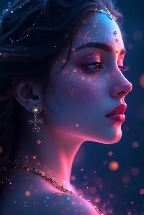 Only Radhas face merge in universe with neon RGB light , cute face and sexy looking , beautiful looking ,adorned with different types of light ,in the universe with a small  of cow, face merge in sky