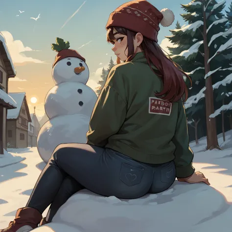 anime woman, in a hat and bare ass, he sits in the snow and lies on a snowman carrot
