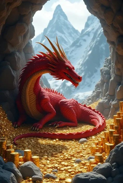 Red dragon in his den ,  in the mountains lying on gold coins ,  surrounding him small mountains of gold with jewels