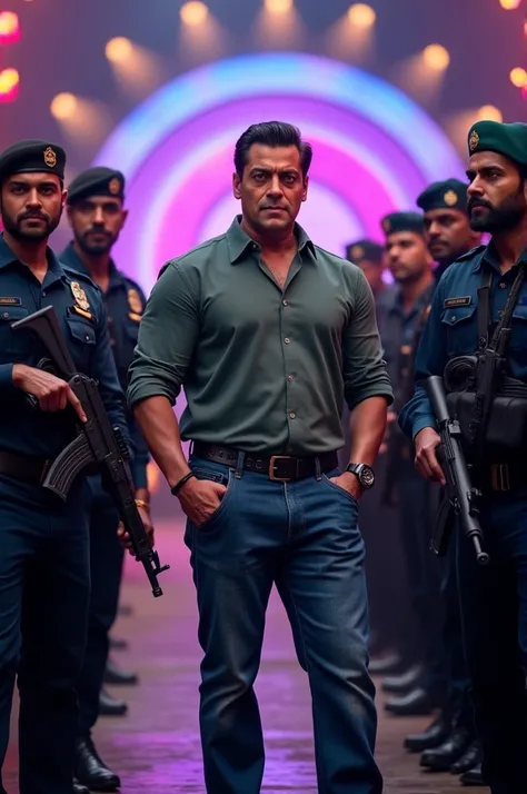 Salman on Set of Bigg Boss 18 with Security: Prompt: "Salman Khan on the set of Bigg Boss 18, surrounded by a team of armed security guards. The set has a large, colorful background with lights, cameras, and crew, but with an evident security presence."