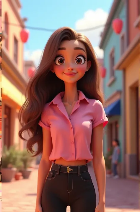 Disney-Pixar movi poster Cute Woman Wearing Pink Shirt Collar Black Pants Long Hair 3D Disney-Pixar style