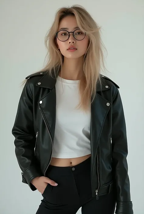 beautiful korean woman with glasses and long messy blonde hair wearing tshirt with leather jacket and spandex leggings with nike shoes