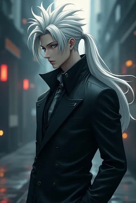 create a male character with gray skin and a pompadour hairstyle with a ponytail (white hair color) anime