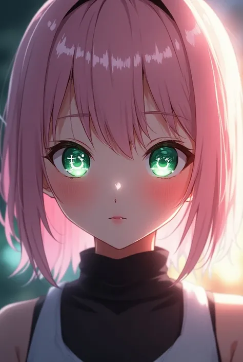 kurokawaakane(1zgame),1girl, solo,looking at viewer,8k, beautiful lighting, light pink color hair, short bob, emerald eye color, symbol-shaped_pupils, sparkling_eyes, star-shaped_pupils, star_(symbol),