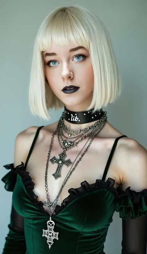 A 3/4 length portrait of a person with platinum blonde hair styled in a sleek bob cut with straight bangs. Their makeup is bold and dramatic, featuring vibrant green eyeshadow extending from inner corner to outer edge of eyelids, long false eyelashes, wing...