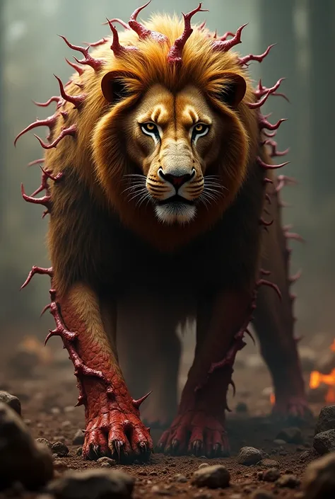 Create a dangerous fighting hybrid fusion of a lion and a thorn rose. The creature should possess the majestic features and strength of a lion, intertwined with the intricate beauty and sharp thorns of a rose. The thorns are covered on the lions whole body...