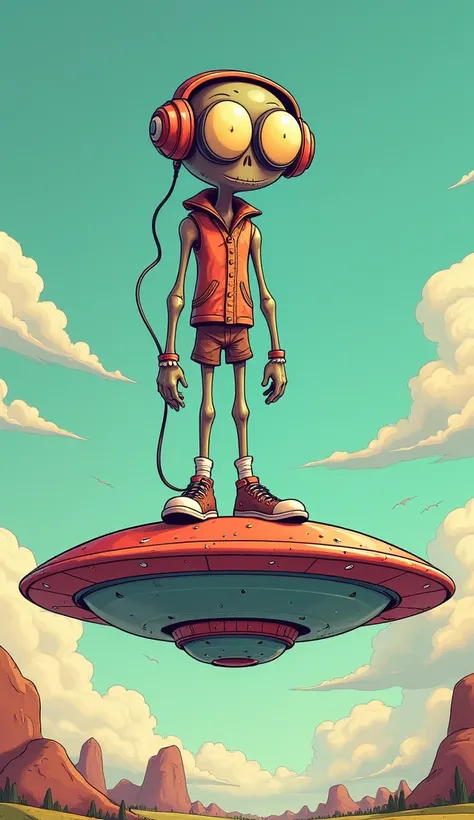  full-length weirdo with headphones ,cartoon style. on top of a UFO 