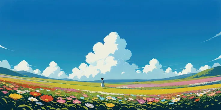 (minimalism:1.4), Flower field , Studio Ghibli art, Miyazaki, pasture with blue sky and white clouds ,pastel , cute