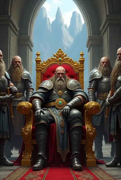  City of Dwarfs in the mountains its walls are made of carved rock ,  in the background you can see the dwarf king sitting on an ostentatious golden throne,  with a precious stone embedded in the throne , We find above the king ,  his court is full of dwar...