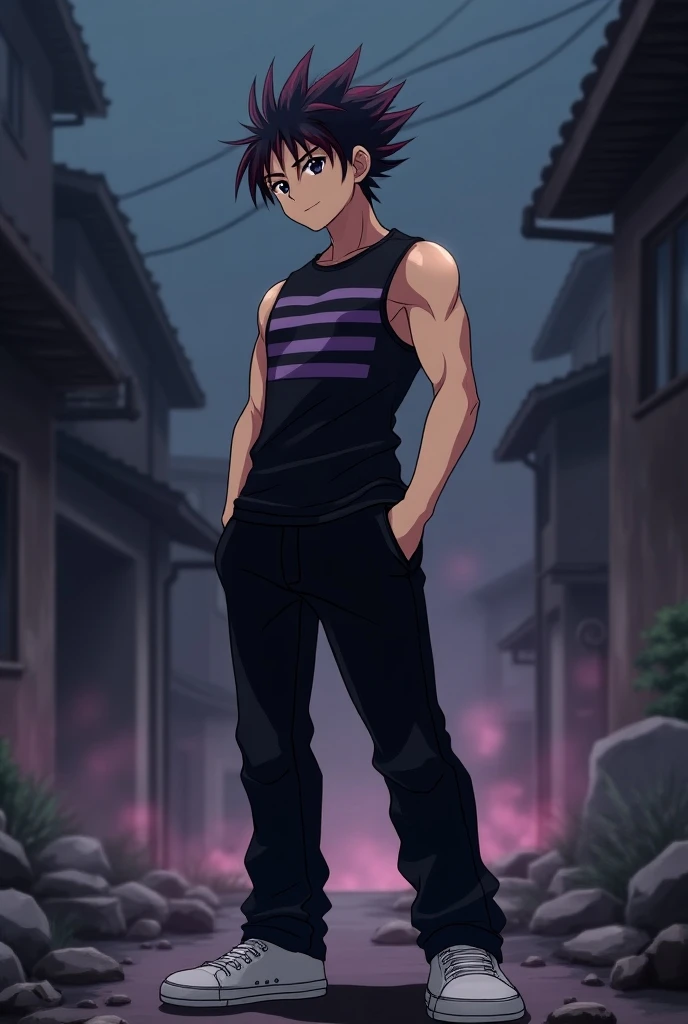 Make a anime 18 year old boy with lean muscle with black eyes and Black hair with burgundy tips wearing black sleeveless tshirt with lavender strips with black pants and white sneakers in shonen demon slayer artstyle 