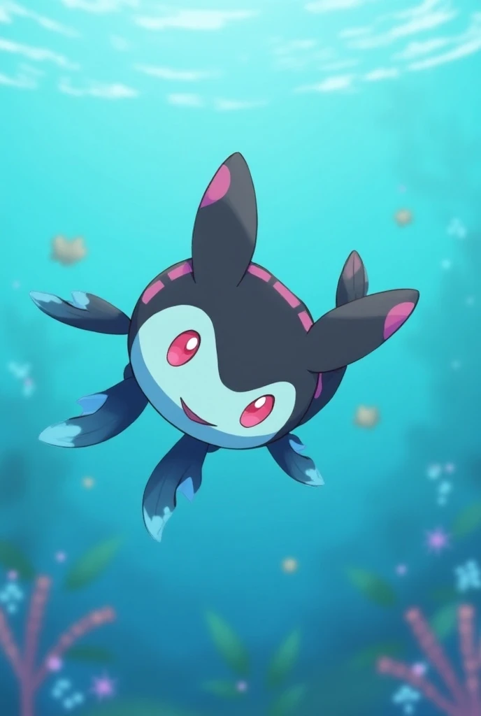 Finneon  schwimmt elegant durch ein klares Gewässer voller bunter Korallen und Fische. Finneon ,  the wingfish Pokémon ,  has a small body with two large tail fins ,  as well as two smaller dorsal fins and two pectoral fins .  On the tail fins you can see ...