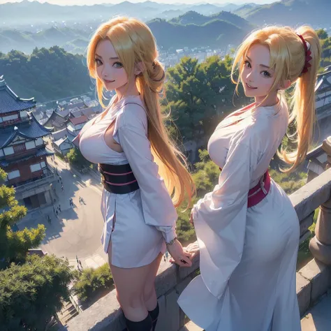 (8k, Best Quality, Anime Style,  viewers, Bright atmosphere, smile, One teenage girl ,  complicated details:1.3),( Tsunade from naruto, Big Breasts, I can see the valley, Nice body), (white without dirt, Petals fluttering,  standing with her whole body vis...