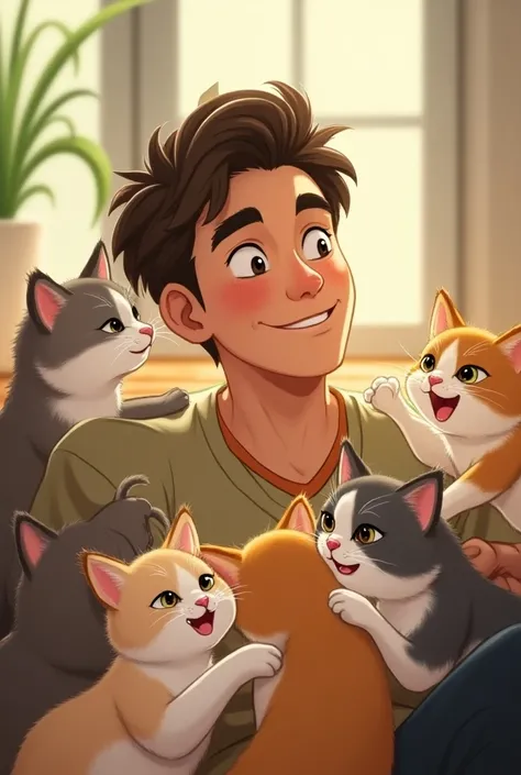 A cute man with 5 cats two of them are kittens 