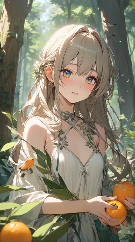 One Girl、 curious expression 、Deep Eyes、Shoulder-length hairstyle、 clothes made of plants 、Small breasts、 holding fruit in hand、  
break、  
 bright sunlight、（ Vivid Colors :1.3）、 soft highlights 、Natural atmosphere 、Gentle breeze、 Artistic Details 、Fun fee...