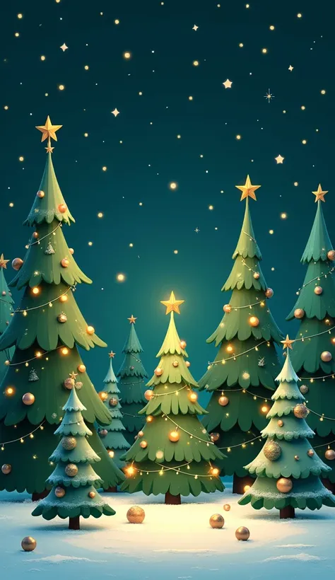 Classic Christmas trees: Palette  various greens, gold, and silver accents. Style: stylized Christmas trees adorned with light and ornaments set against a Starry night sky