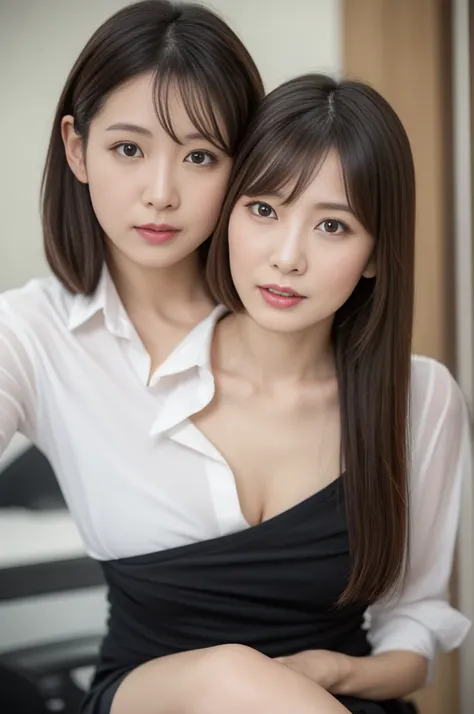 One Japanese person, actress, (Office Clothes:1.2),  erotic poses, whole body, Beautiful and soft skin, Long brown hair, 8K resolution,  super real,  very detailed, high quality, Fashionable and beautiful woman, ( look at viewers ), Blur, shirt, skirt, Few...