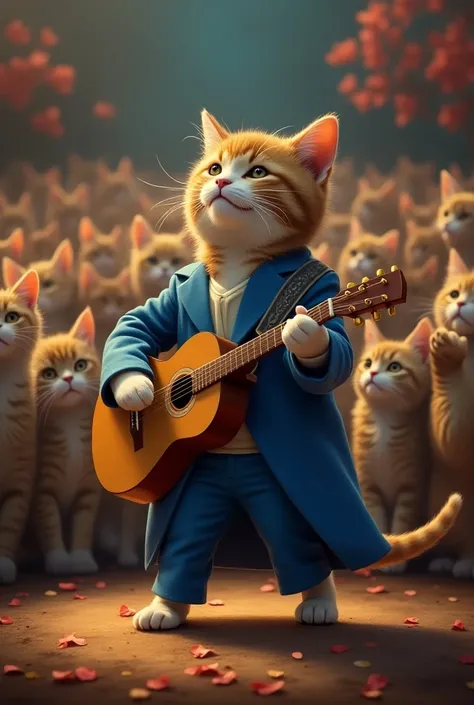 A cat is playing guitar on a stage and many other cats are cheering for him. The cat is wearing a blue coat and pant.