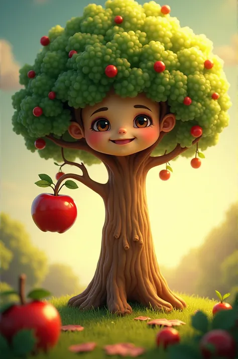 
A tall, whimsical tree with a smooth trunk and a friendly face, smiling down at the .
The tree has several branches, with one branch extending down to hold a shiny red apple, glistening in the sunlight.