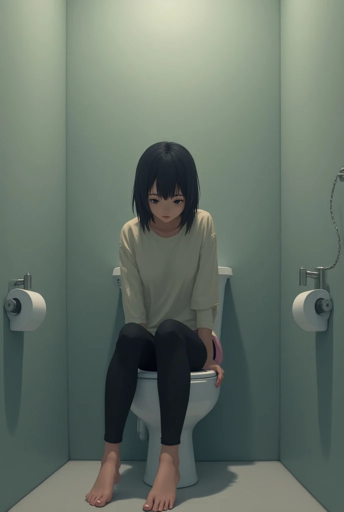 score_9,source_anime,1girl, solo, black leggings, sit toilet,