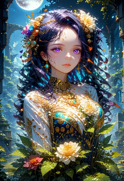 Anime Girl, Gorgeous, Sexy, Ideal anatomy, The thick long dark hair is black in color, Big、Beautiful purple eyes, Vines and lianas, ancient ruins, kk, Grass, ruins, A lot of unknown plants, Various plants, Unusual plants, Dressed in fashionable youthful cl...