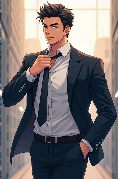 Anime style drawing of a hot man on a suit removing his neck tie while walking