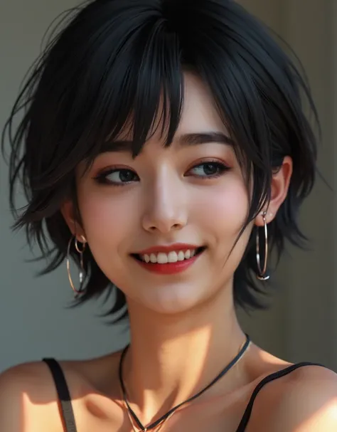 highest quality, masterpiece, ultra high resolution, (realistic:1.4),very detailed,professional lighting smile,black hair、toothy smile、black hair、ear piercing、hairstyle shortcut、necklace around neck