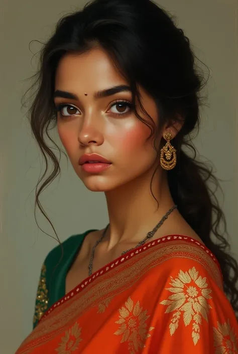 Painting of Young beautiful women in saree, face closeup, single lady