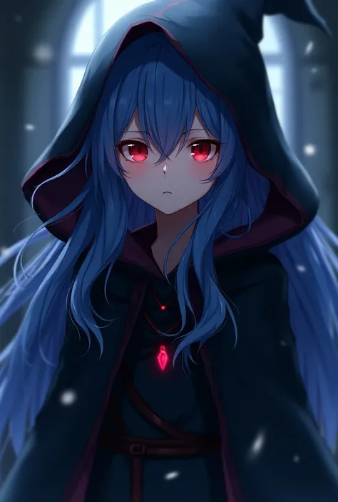  1 girl,  high resolution, Long hair, Red eyes, Blue hair,  high resolution,  Masterpieces,  High Detail,  background in the magic room, สไตล์Anime, Anime, Put on a black witch cloak 