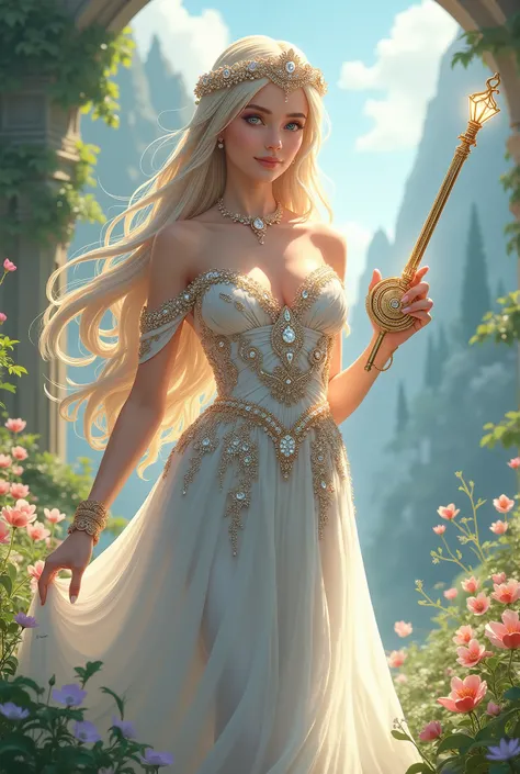 create an image of 8k wallpaper, a stunning Greek anime princess, pale skin with long blonde-straight hair in breathtaking colors lives in a hidden world surrounded by fabulous nature. She wears a traditional Greek-style princess dress, intricately designe...