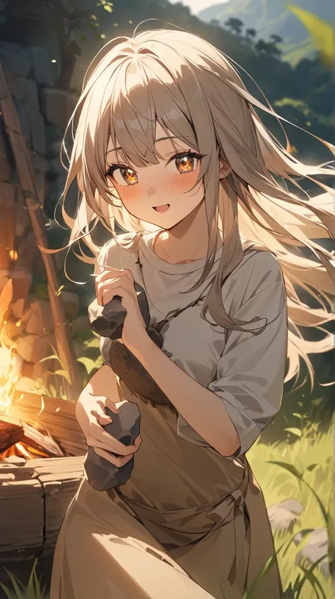 One Girl、 Adventurous Expression 、Sparkling Eyes、Long Hair、 Costumes Made from Animal Skin 、Hall々A positive attitude、Small breasts、 Holding Stone Tools in Hand、  
break、  
Morning Light、（ Natural Hues :1.2）、 Warm Tones 、 Vibrant Atmosphere 、 Primitive Sens...