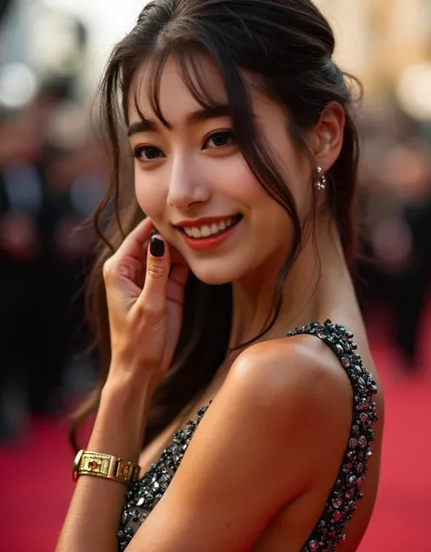 a closeup, ​masterpiece, top-quality, Raw foto, Photorealsitic、sideshot、unbelievable Ridiculous, beautiful a girl, High brand ultra-luxury dress with open chest、Glossy fabric、Half-up hairstyle、large brests、The look of joy when reunited with a lover、A smile...