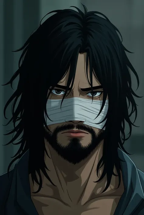 A sad man with long black hair and a beard with a white bandage on his face in anime style 