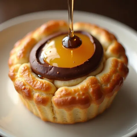 a biscuit made of honey & chocolate, honey dripping over biscuit