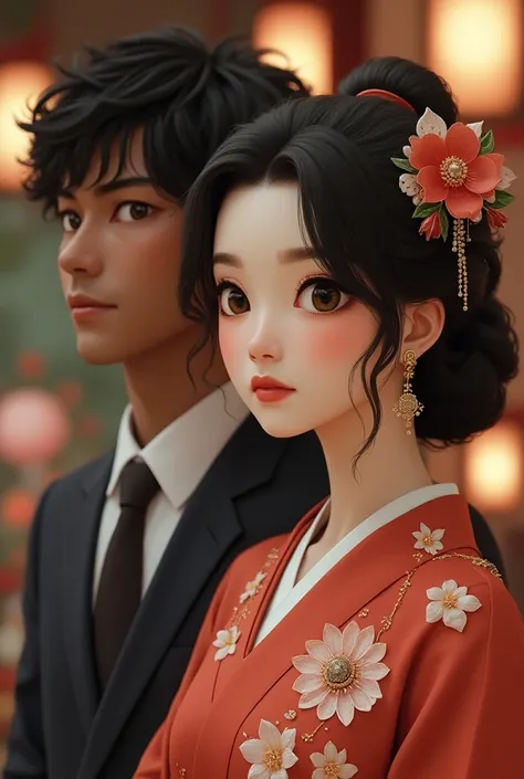 realistic image, Have a japanese woman&#39;s wedding, Brunetette, brown eyes, slightly wavy hair, with very light freckles (not much to show) that has a small lip. with a brown man, dark-skinned, eyes browns, mid curly hair, with very few moles in the jaw ...