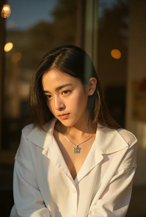 A young Thai woman with soft features is sitting indoors, bathed in natural sunlight streaming through a nearby window. She is wearing a loose white button-up shirt, slightly unbuttoned at the top, with a delicate gold necklace resting against her skin. Th...