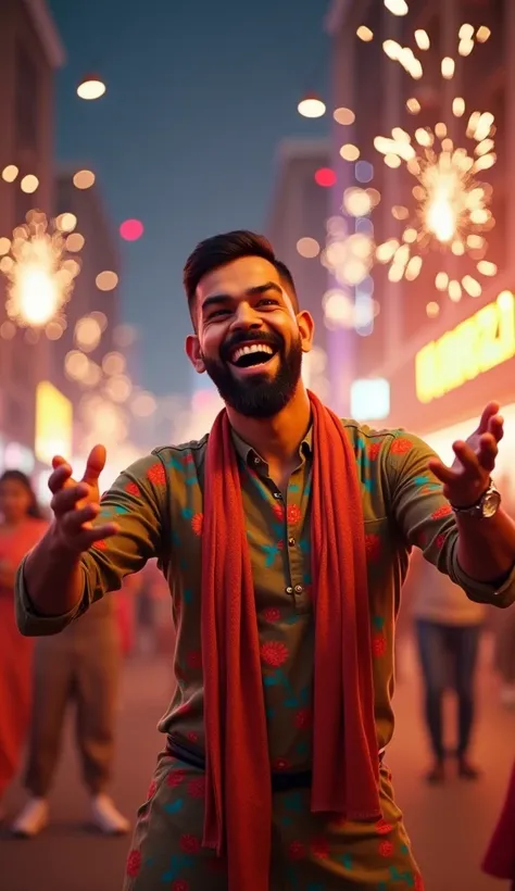 Indian cricketer Virat Kohli,Prompt: "Create a 3D hyper-realistic ultra HD motion video of Virat Kohli, capturing his facial features and expressions with ultra-realistic detail, joyfully celebrating Diwali in a vibrant city setting. Kohli, wearing colorfu...