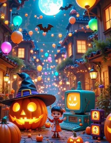 this image is a digital illustration of a halloween scene. in the center of the picture,there is a large pumpkin with a jack-o '...