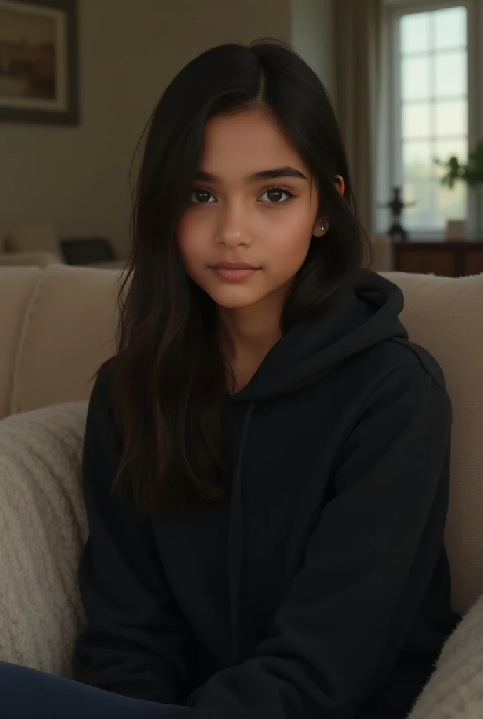 A realistic image of a teenage cute Indian girl who is sitting comfortably on a sofa and she is wearing a black hoodie.