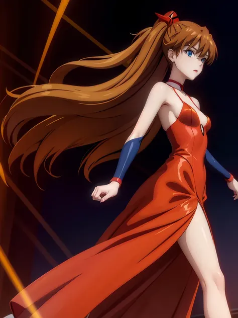  RUNWAY FASHION SHOW  , asuka langley soryu, (souryuu asuka langley:1.2), long hair, bangs, blue eyes, brown hair, hair ornament, chic, Luxury Fashion , Slim female model, LONG RUNWAY , The lighting is bright , Gorgeous Red Dress, Shining Background, Camer...