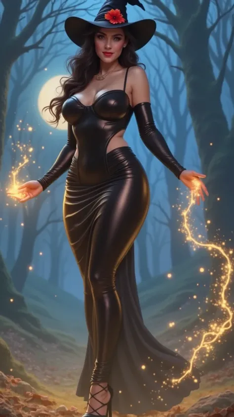 an absolutely alluring voluptuous elegant pin up witch is standing at night in the forrest, her metallic black elegant gown dress shows her legs elegantly, on her head is a black hat with a red flower she is smiling, twinkle in her eyes, the moon is the ba...