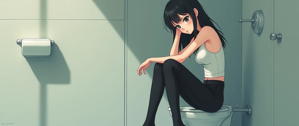 anime girl, black leggings, sit toilet,