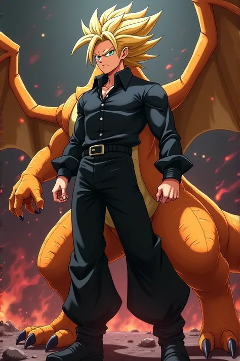 personagem dragon ball Z com charizard 
- **Hair**:  The character has light hair ,  Who may be blond   .  The hair wavy and on the sides giving a neat look .
- **clothes**:  Hes wearing a black shirt with long sleeves , with folded cuffs ,  black pants an...