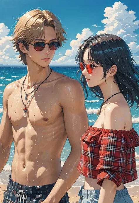 The photo shows two people, a girl and a boy, on the beach or in a seaside setting. One of them is wearing an off-the-shoulder plaid shirt and a black necklace with a pendant, as well as large red sunglasses on his head. The other person appears shirtless,...