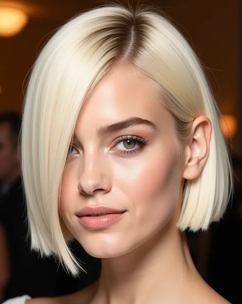 close-up portrait of a young woman with a sleek, asymmetrical platinum blonde bob. hair is parted slightly off-center, with the ...