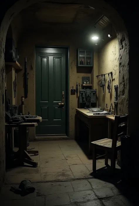 Very much realistic underground safe house of an secrete spy agent , few guns and knifes , old and dark