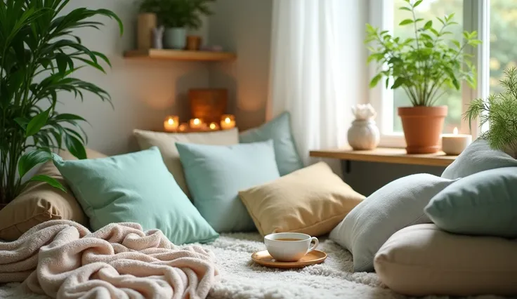 **A Serene Meditation Corner**

**Details:**

- **Setting and Visual Elements:**
   - The meditation corner is beautifully arranged with a variety of soft, colorful cushions in calming shades like pastel green, light blue, and soft beige, creating a cozy a...