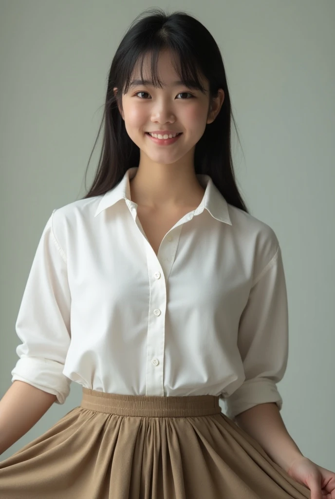 Asian schoolgirl with her blouse open and lifting her skirt